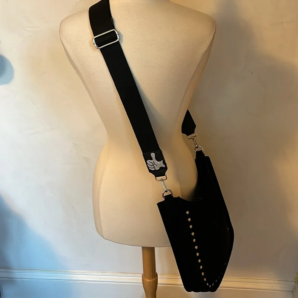 Ah-dorned Black Faux Suede cross body Bag w/silver studs & strap 11”x12”x3”